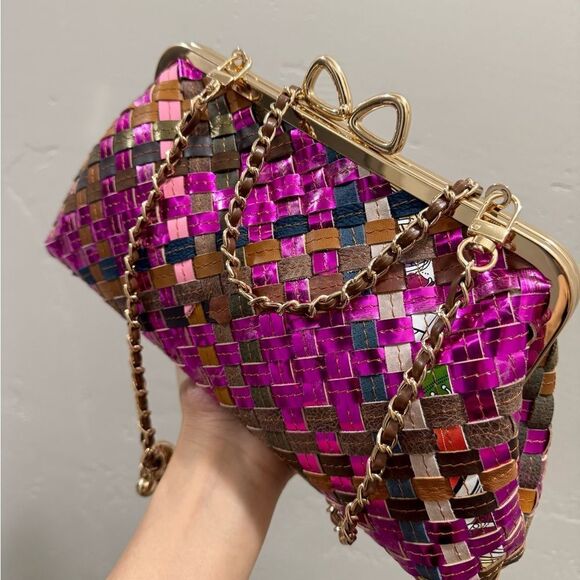 Unique Colorful Woven Cowhide Bowknot Shaped Kisslock Clutch/Wristlet/Crossbody - Picture 10 of 12